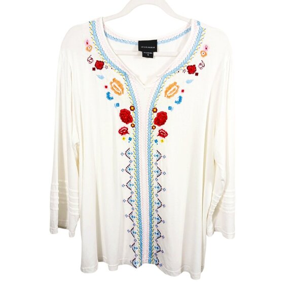 Liv Los Angeles Tops - Liv Los Angeles 1X Long Sleeve Creamy White Embroidered Top, Boho, Bohemian